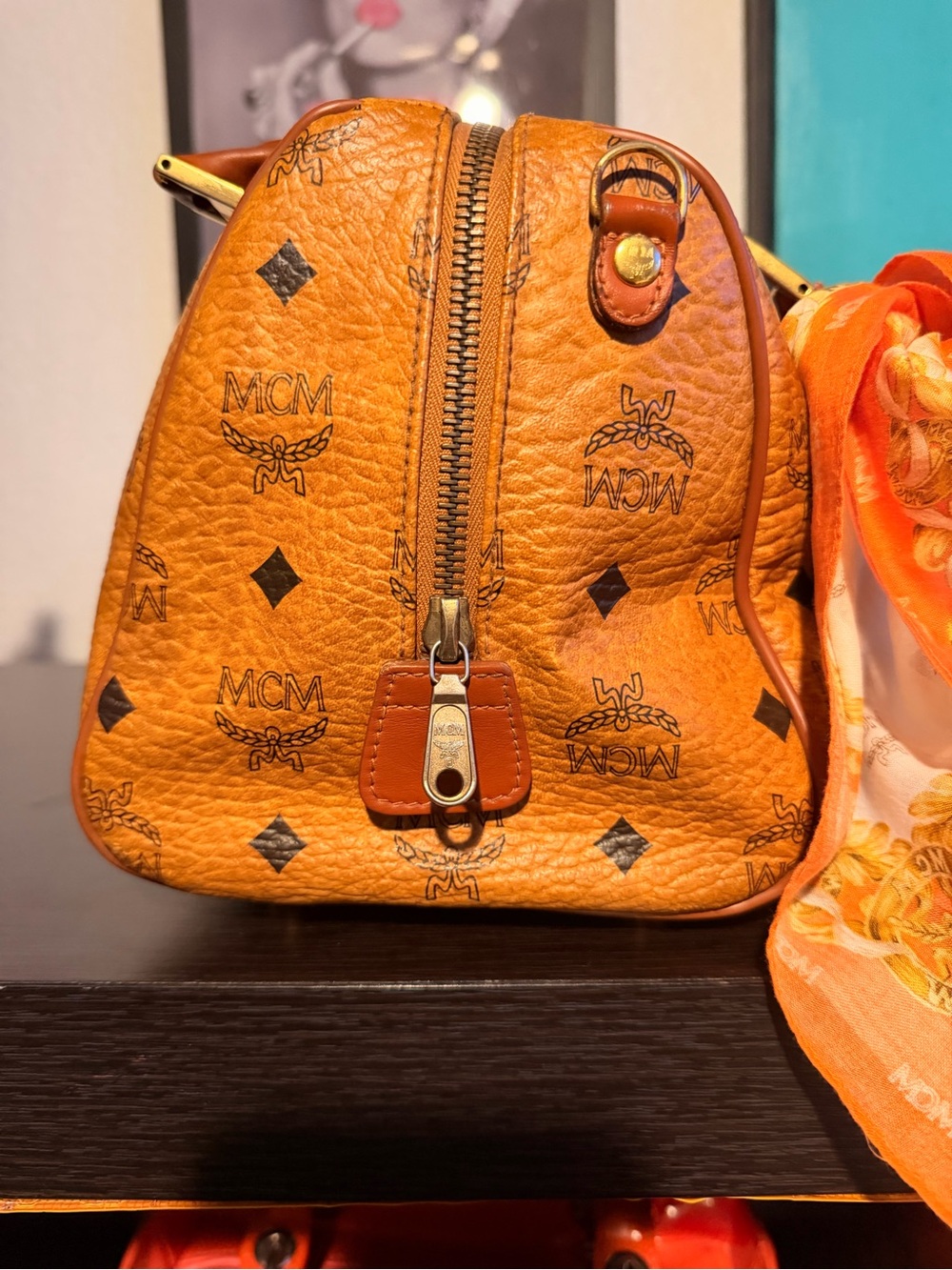 MCM Cognac Logo Visetos Satchel with Brass Hardware - Picture 4 of 13